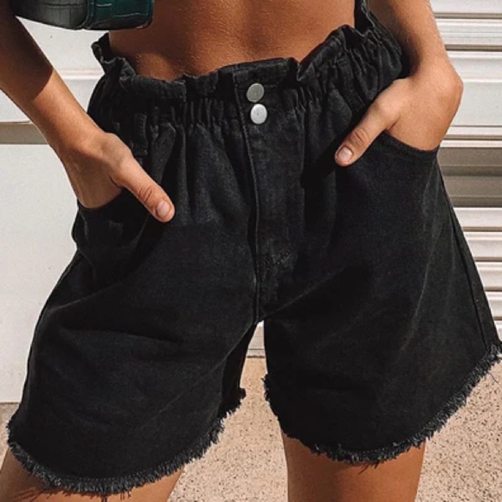 SOLD Princess Polly Open Road Black Denim Womens Paper Bag Shorts